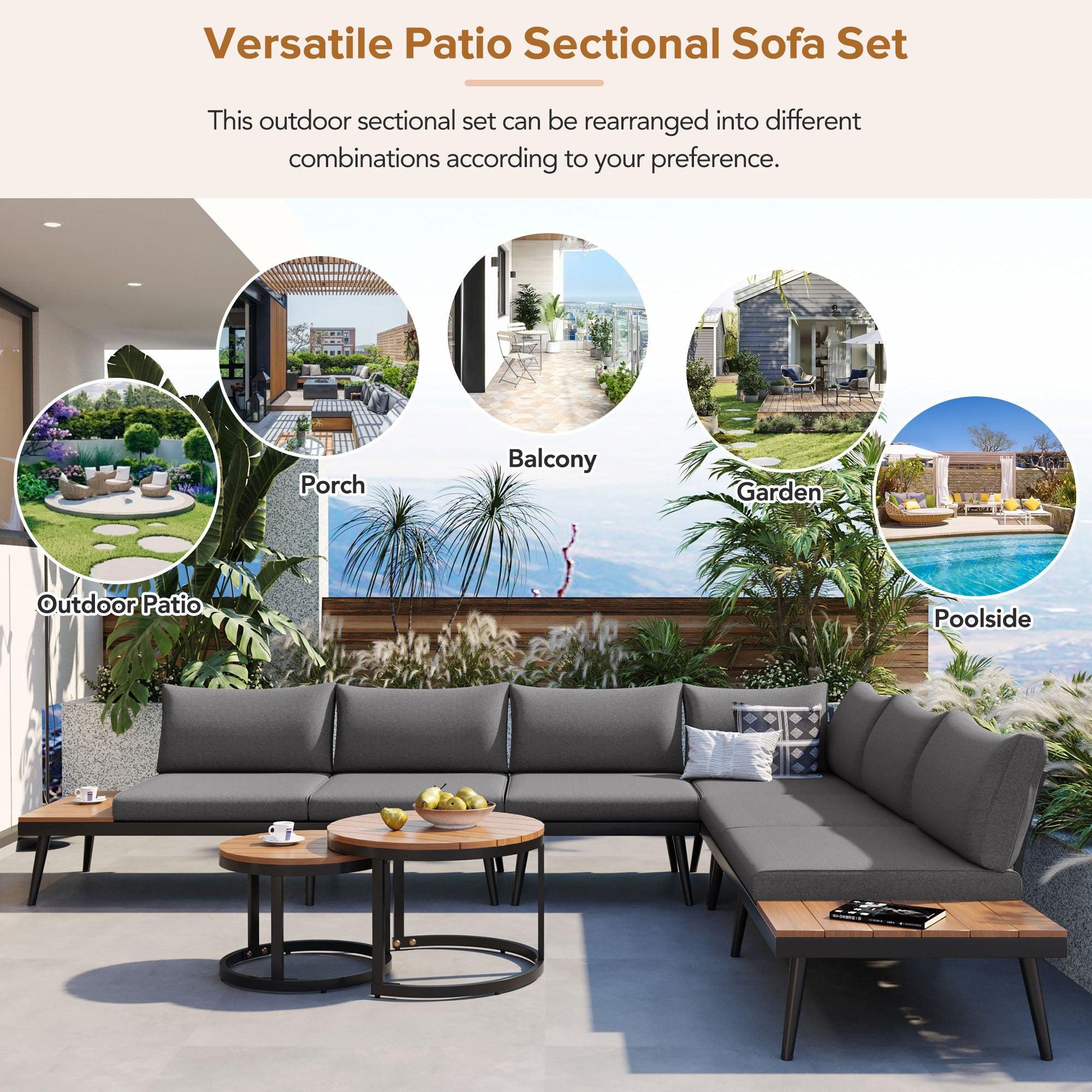Conjunto de 6 sofás seccionales para exterior con mesas de centro redondas apilables y sofá con cojines para patio, porche y jardín.