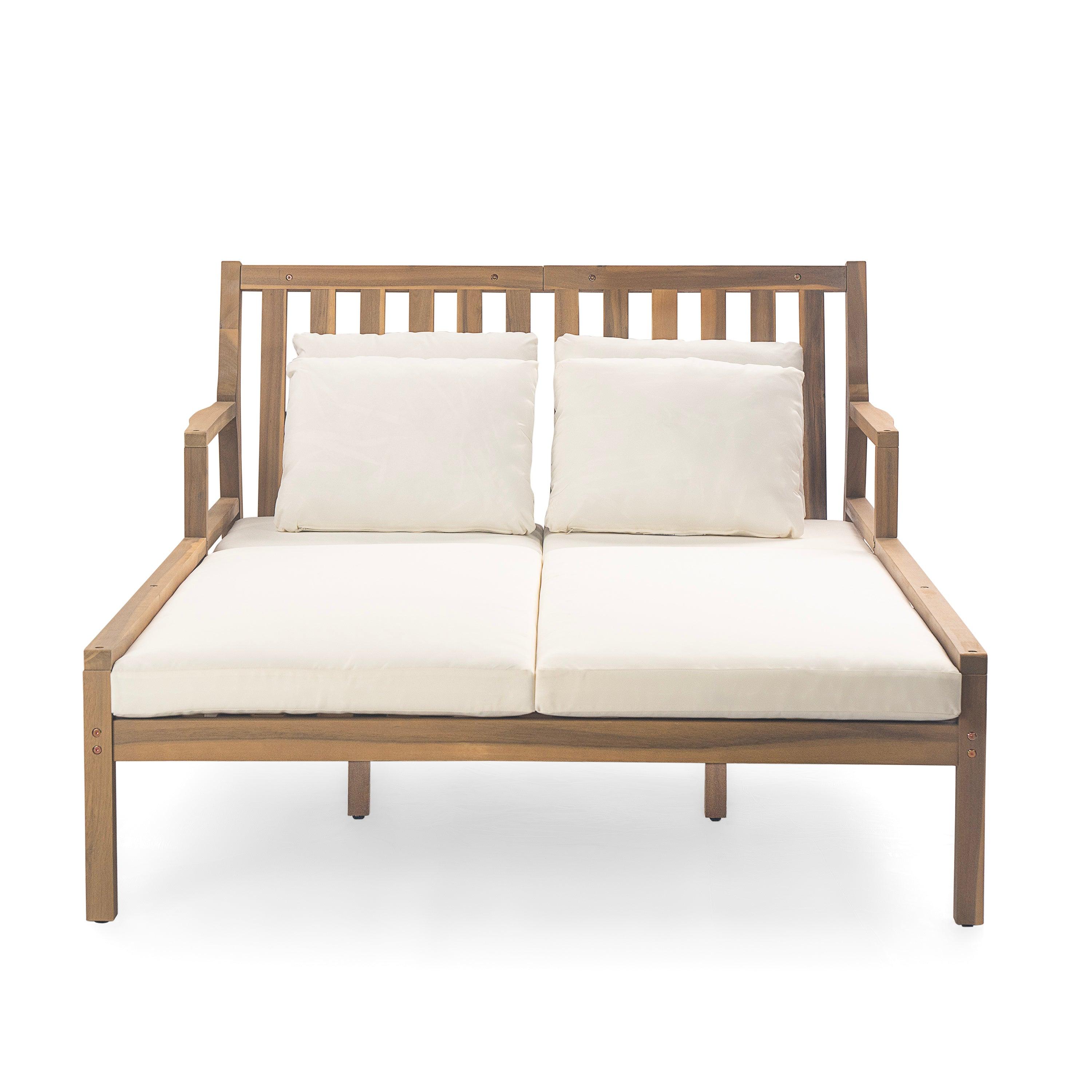 Outdoor Daybed, Patio Daybed with Four Pillows, Wooden Outdoor Bed with Curved Armrests for Poolside, Backyard, Garden