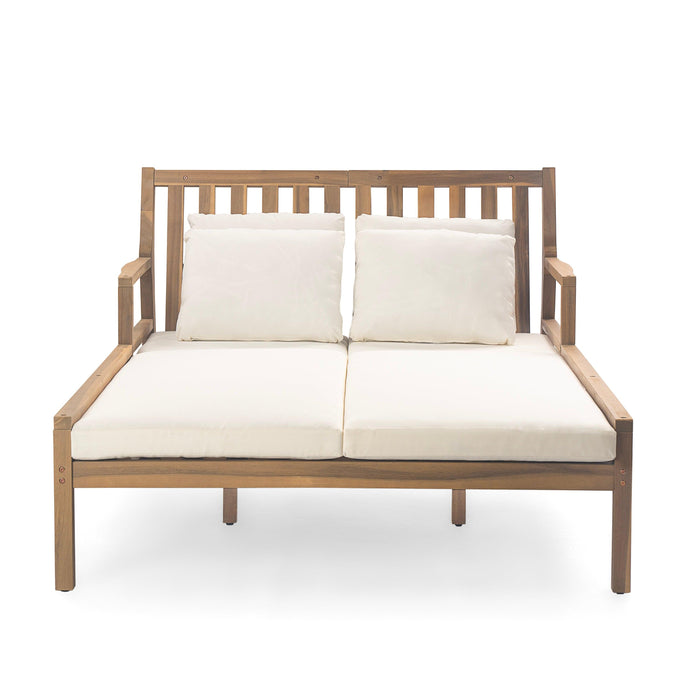 Cama de día para exterior, cama de día para patio con cuatro almohadas, cama de madera para exterior con reposabrazos curvos para piscina, patio y jardín.