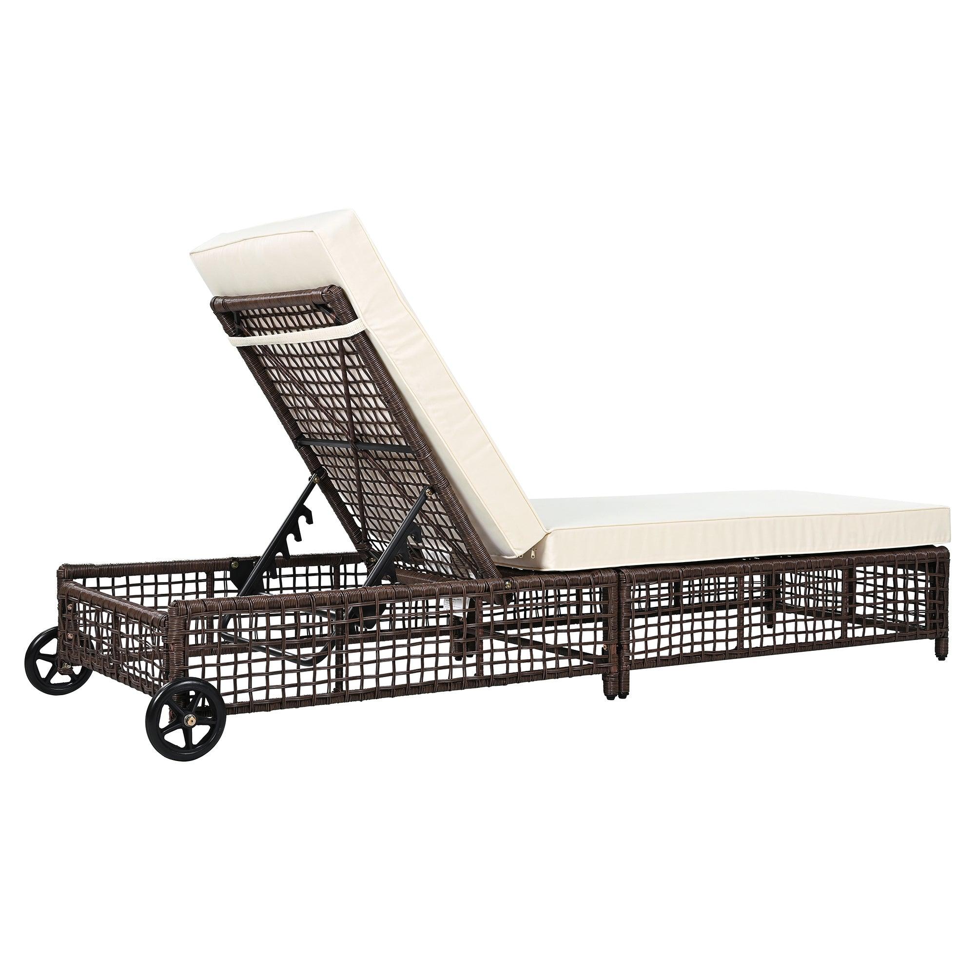 Sillón de exterior, tumbona de patio con respaldo de 5 posiciones, sillón de ratán con cojín y ruedas para piscina, patio y jardín.