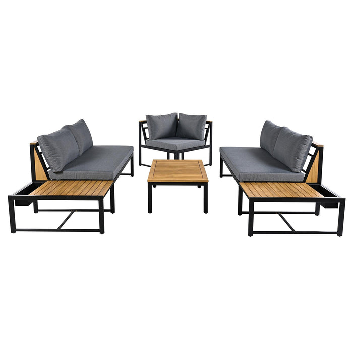 Juego de muebles de patio con sofás de dos plazas, 4 piezas de sofás de exterior con cojines impermeables, diseño duradero de hierro y madera para jardín, patio y piscina.