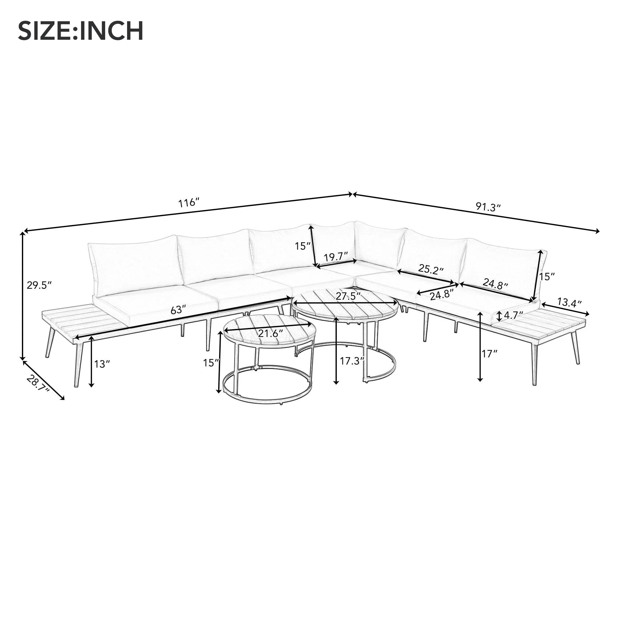 Conjunto de 6 sofás seccionales para exterior con mesas de centro redondas apilables y sofá con cojines para patio, porche y jardín.