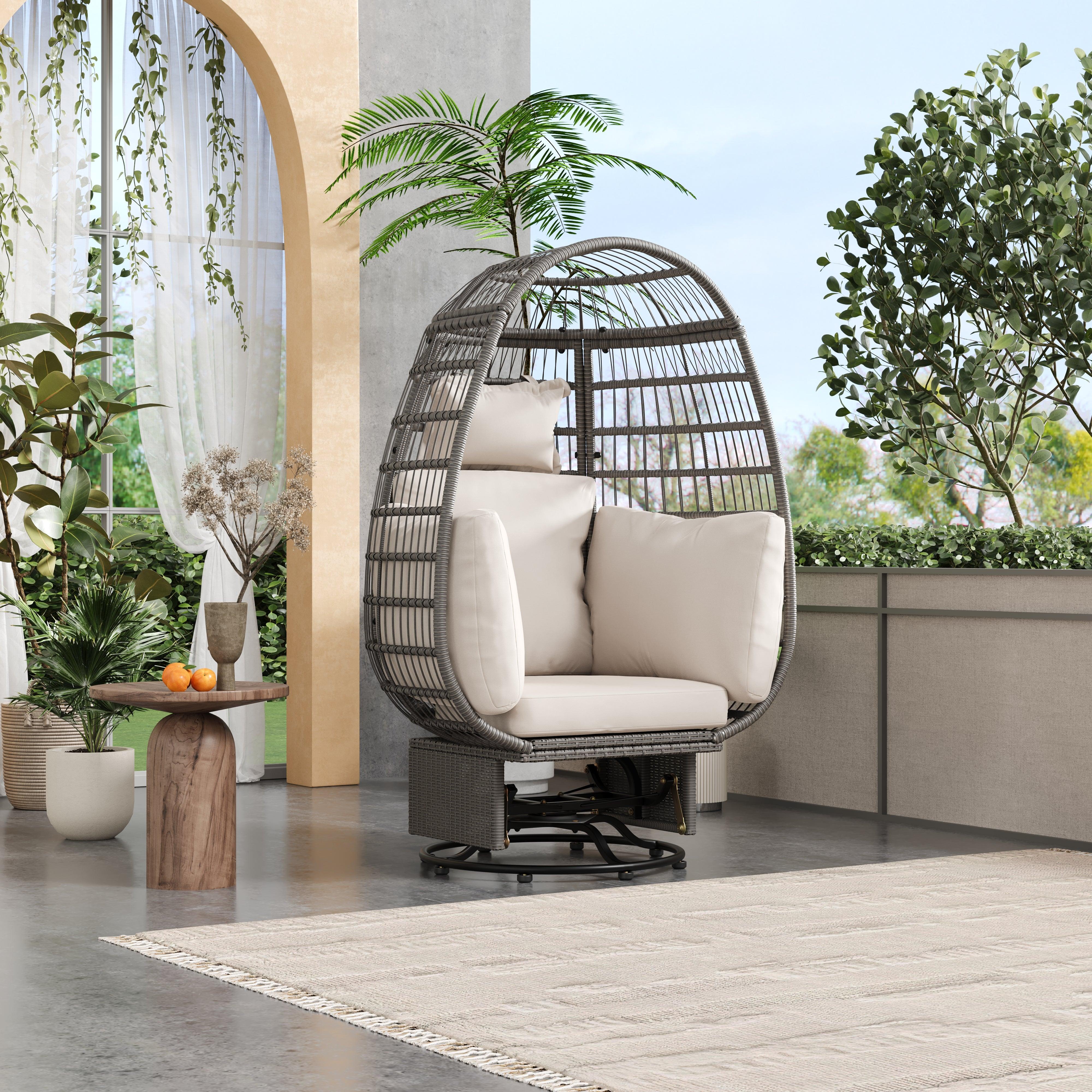 Silla giratoria de exterior con cojines, silla de ratán con forma de huevo y función de balanceo para balcón, piscina y jardín.