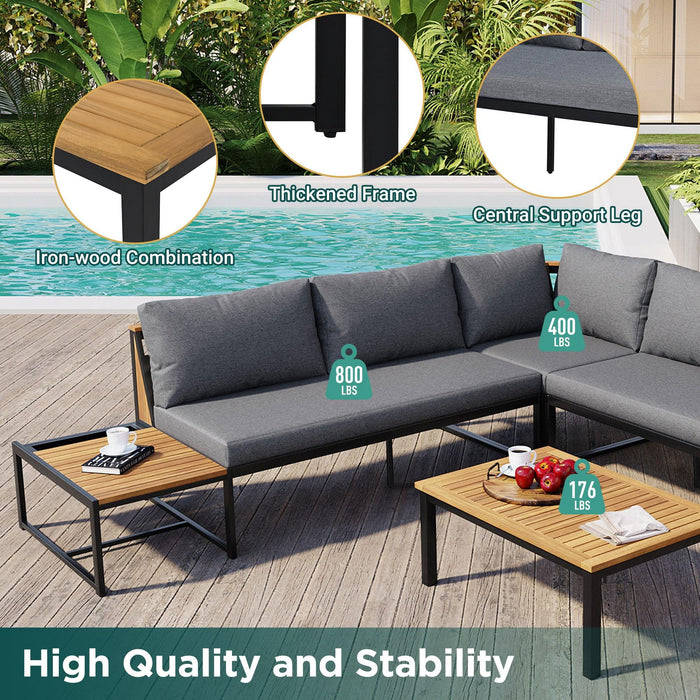 Juego de muebles de patio con sofás de dos plazas, 4 piezas de sofás de exterior con cojines impermeables, diseño duradero de hierro y madera para jardín, patio y piscina.