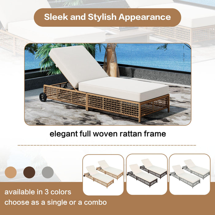 Sillón de exterior, tumbona de patio con respaldo de 5 posiciones, sillón de ratán con cojín y ruedas para piscina, patio y jardín.