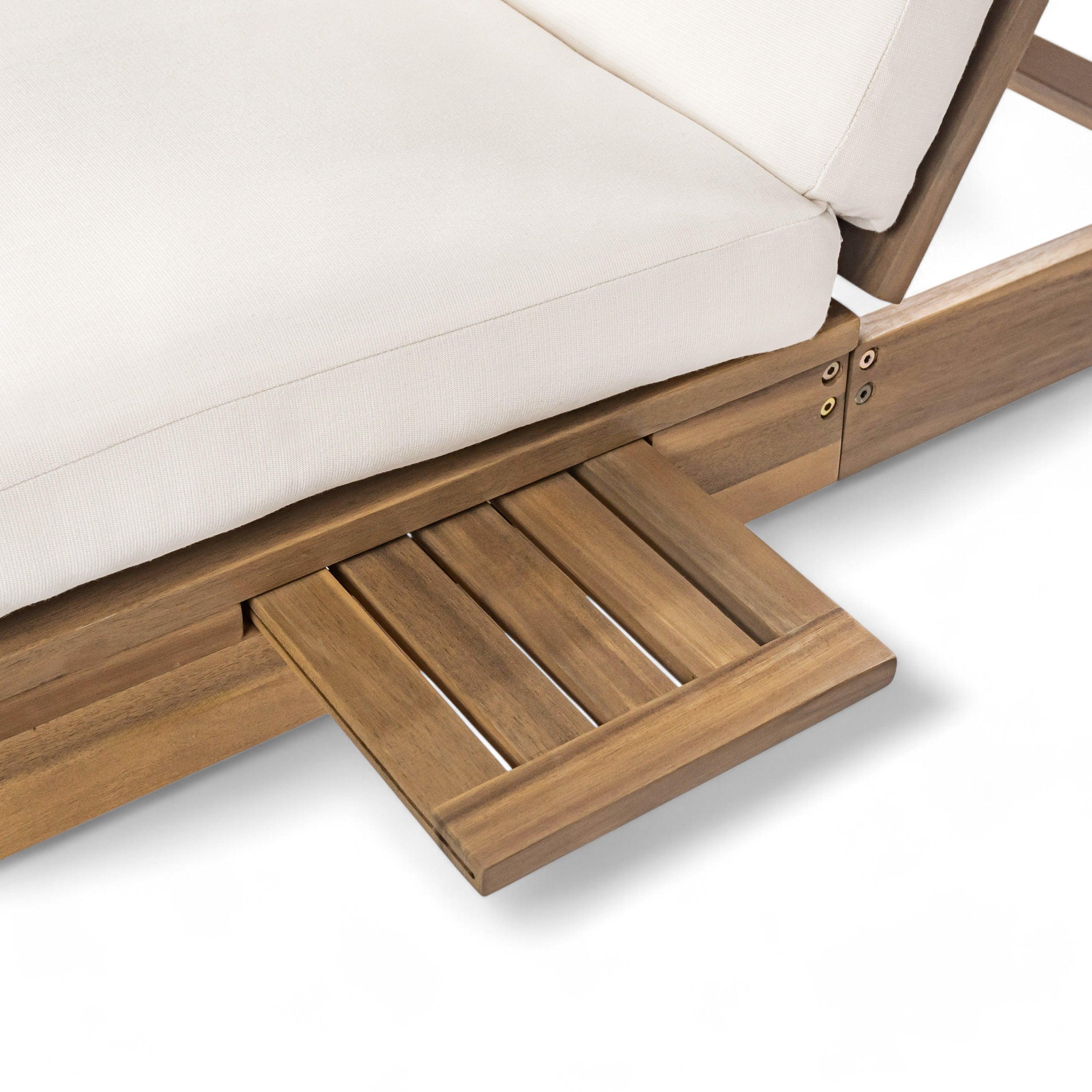 Chaise longue de exterior con respaldo ajustable en 5 posiciones, cojín y bandejas laterales plegables para 2 personas, ideal para jardín junto a la piscina.