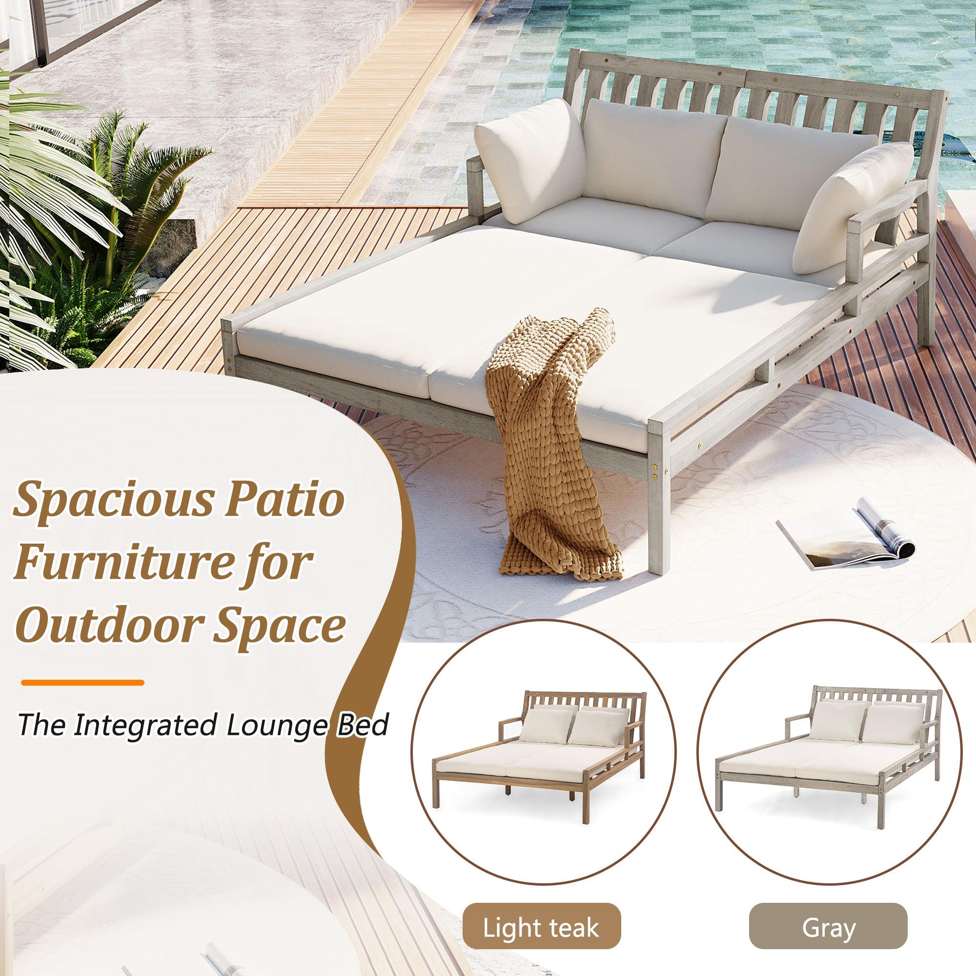 Cama de día para exterior, cama de día para patio con cuatro almohadas, cama de madera para exterior con reposabrazos curvos para piscina, patio y jardín.