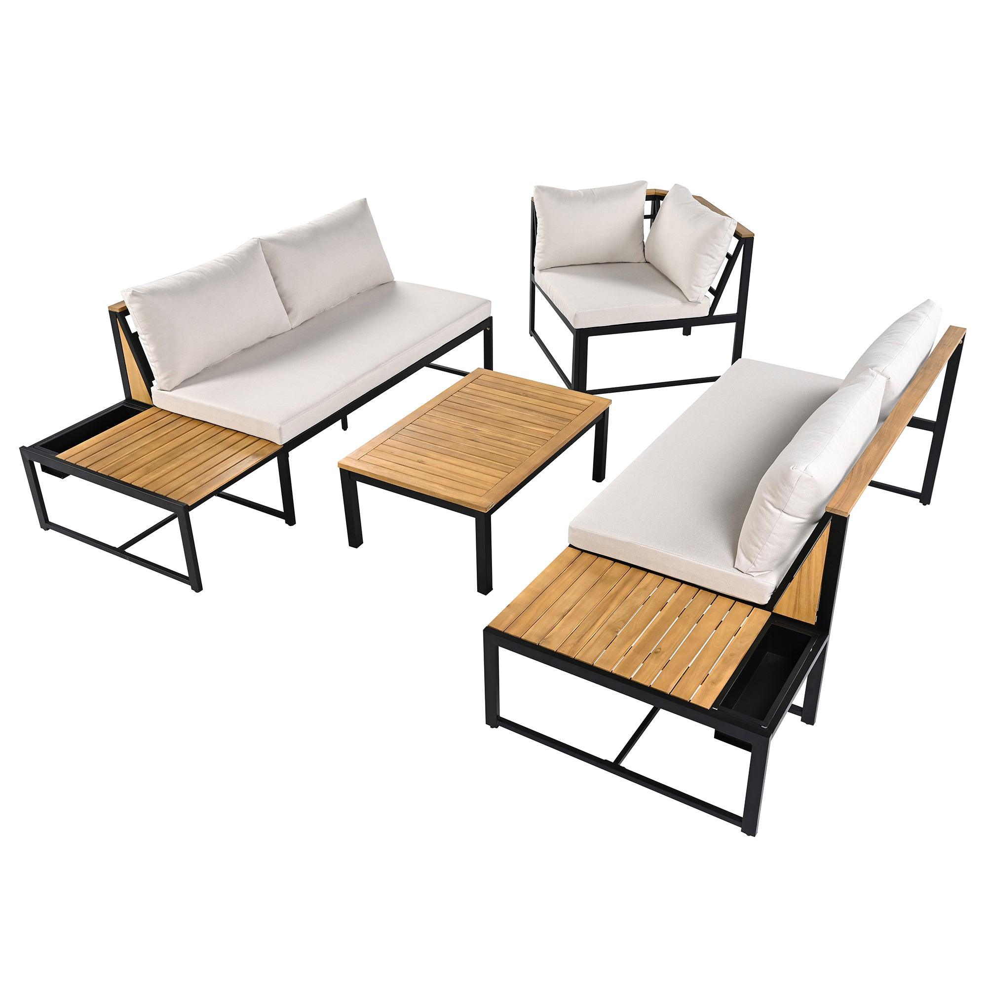 Juego de muebles de patio con sofás de dos plazas, 4 piezas de sofás de exterior con cojines impermeables, diseño duradero de hierro y madera para jardín, patio y piscina.