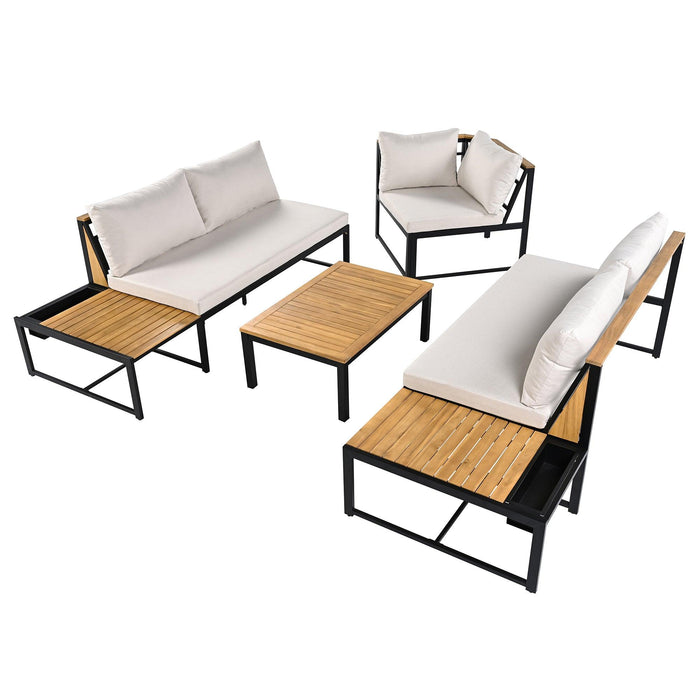 Juego de muebles de patio con sofás de dos plazas, 4 piezas de sofás de exterior con cojines impermeables, diseño duradero de hierro y madera para jardín, patio y piscina.