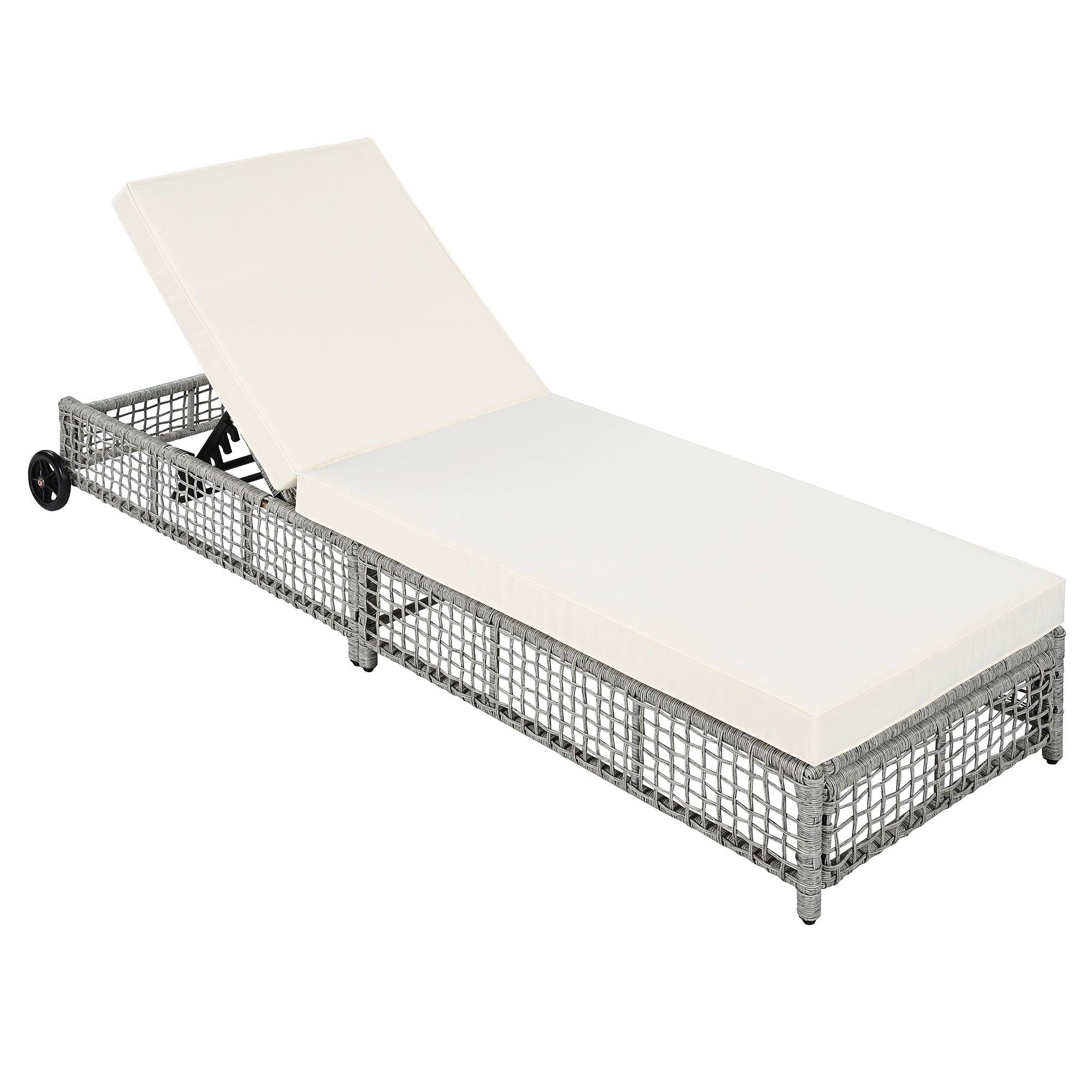 Sillón de exterior, tumbona de patio con respaldo de 5 posiciones, sillón de ratán con cojín y ruedas para piscina, patio y jardín.