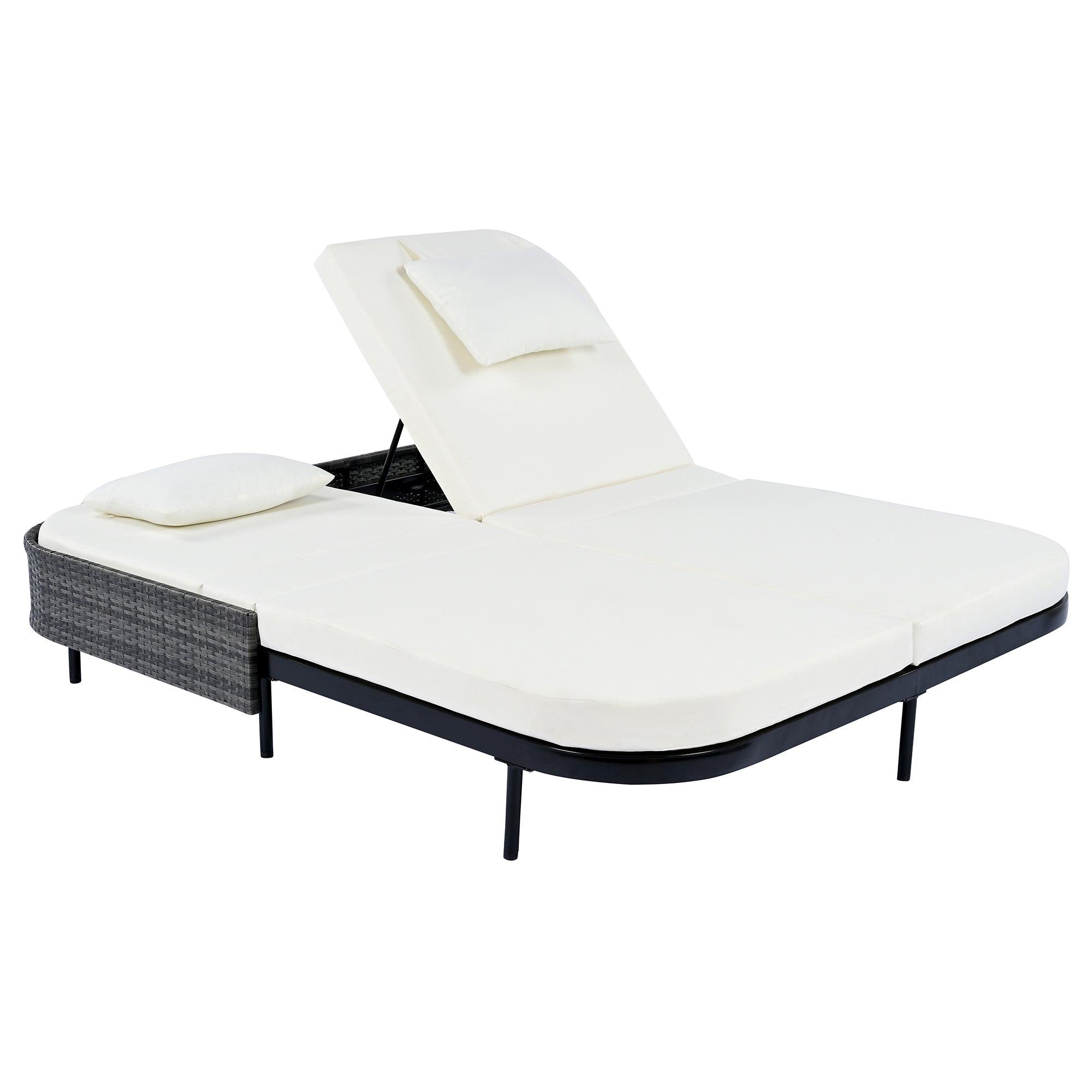 Tumbona de exterior de ratán con respaldo ajustable en 5 posiciones y cojines y almohadas extraíbles para jardín, patio y piscina.