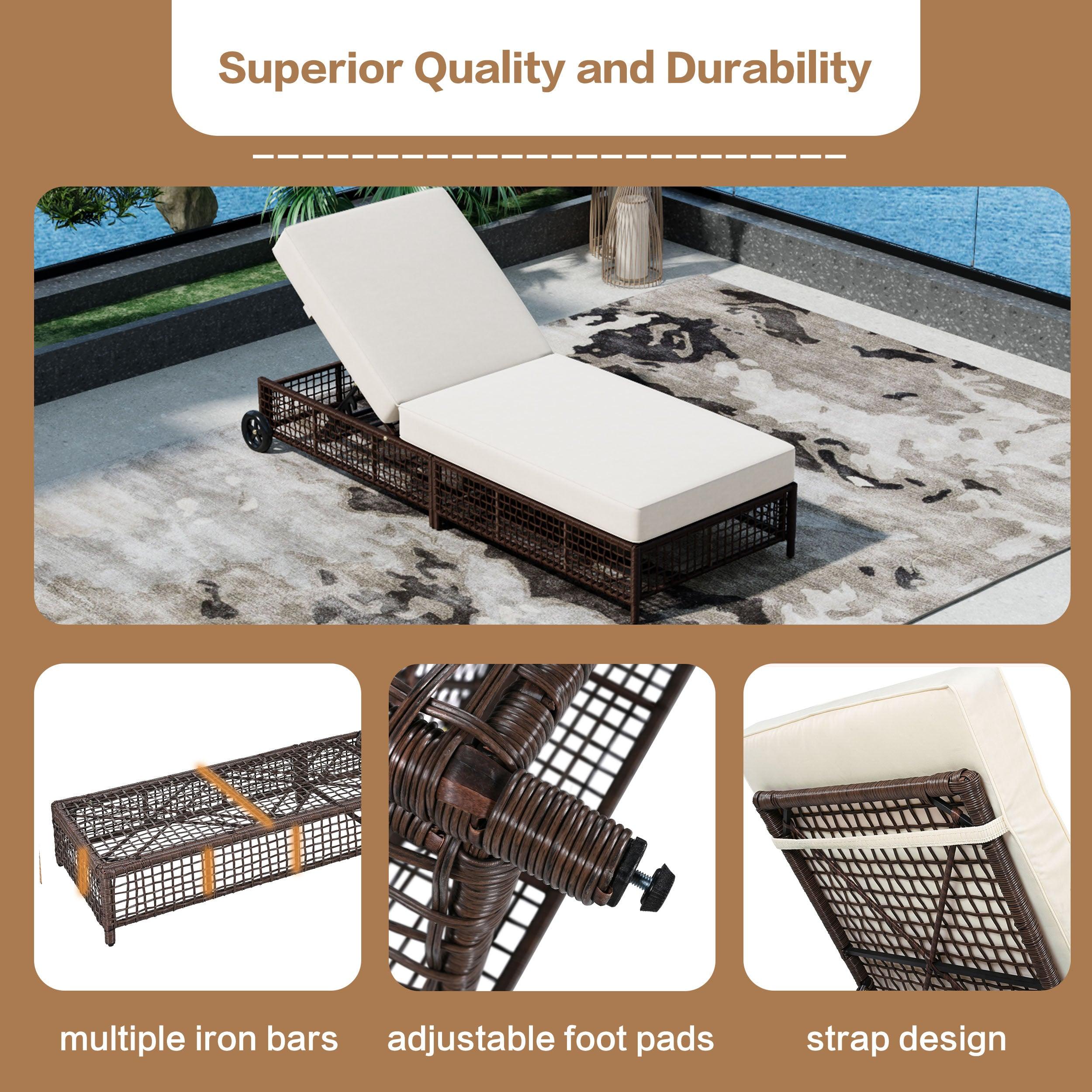 Sillón de exterior, tumbona de patio con respaldo de 5 posiciones, sillón de ratán con cojín y ruedas para piscina, patio y jardín.