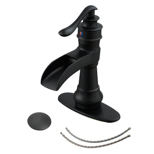 Black Waterfall Single-Handle Deck Mounted Bathroom Sink Faucet Deck Mounted with Drain Assembly and Supply Hose - ParrotUncle
