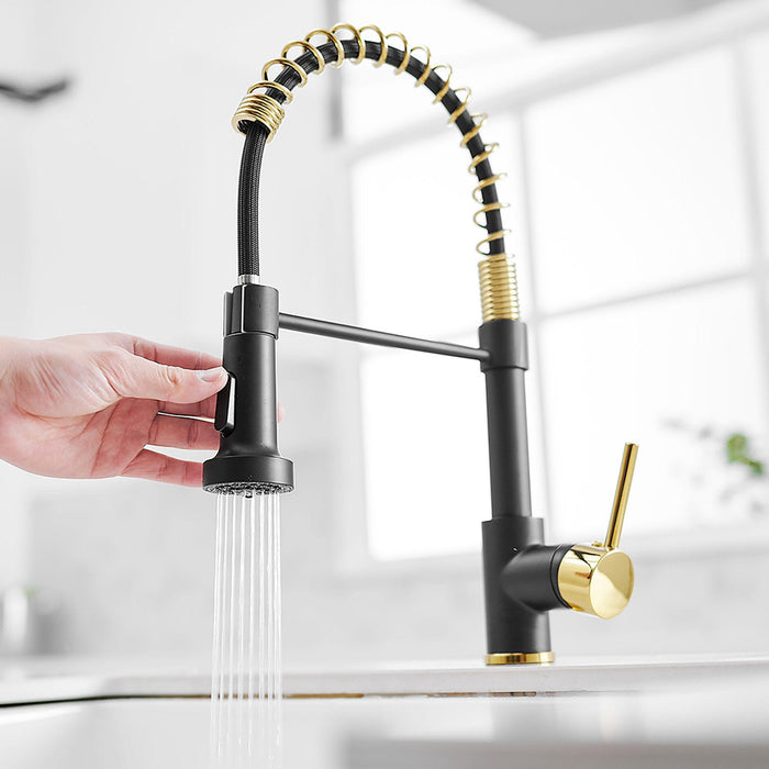 Black With Brushed Gold Pull-down Kitchen Faucet - ParrotUncle