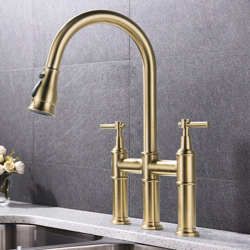 Bridge Kitchen Faucet with Pull-Down Sprayhead in Spot - ParrotUncle