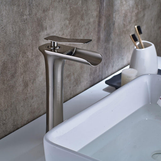 Brush Nickel Single Hole Tall Waterfall Bathroom Sink Faucet - ParrotUncle
