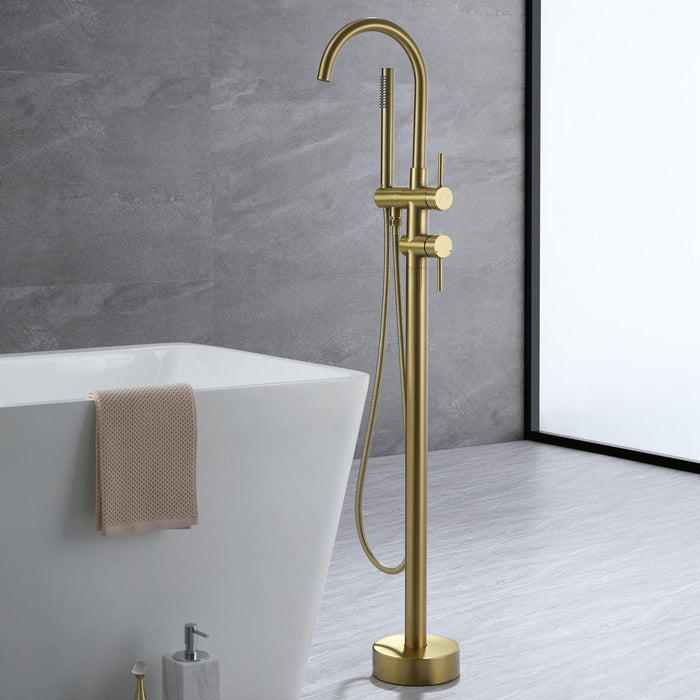 Brushed Gold Double Handle Floor Mounted Clawfoot Tub Faucet with Handshower - ParrotUncle