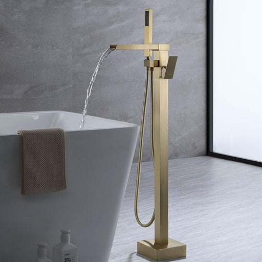 Brushed Gold Waterfall Floor Mounted Square Tub Filler with Hand Shower - ParrotUncle