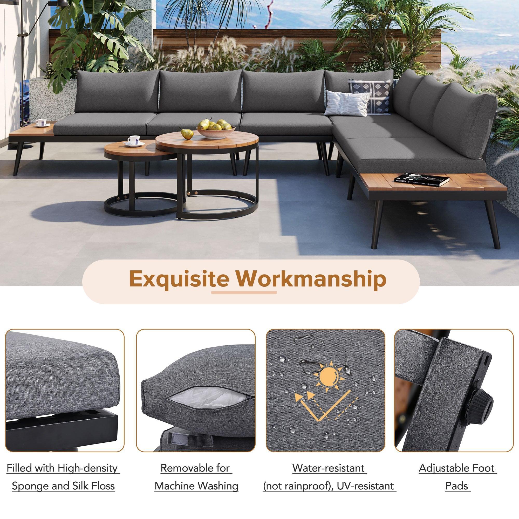 Conjunto de 6 sofás seccionales para exterior con mesas de centro redondas apilables y sofá con cojines para patio, porche y jardín.