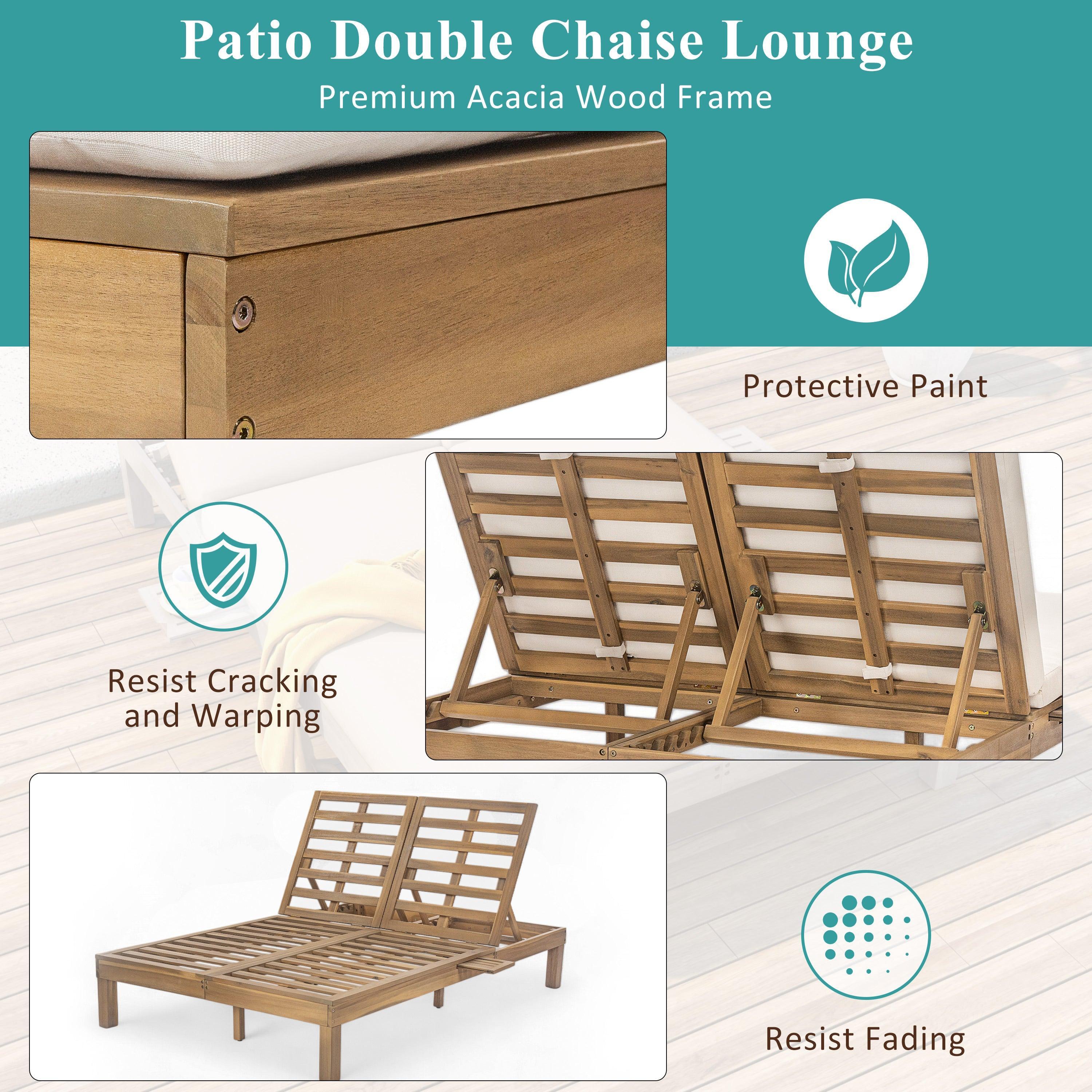 Chaise longue de exterior con respaldo ajustable en 5 posiciones, cojín y bandejas laterales plegables para 2 personas, ideal para jardín junto a la piscina.