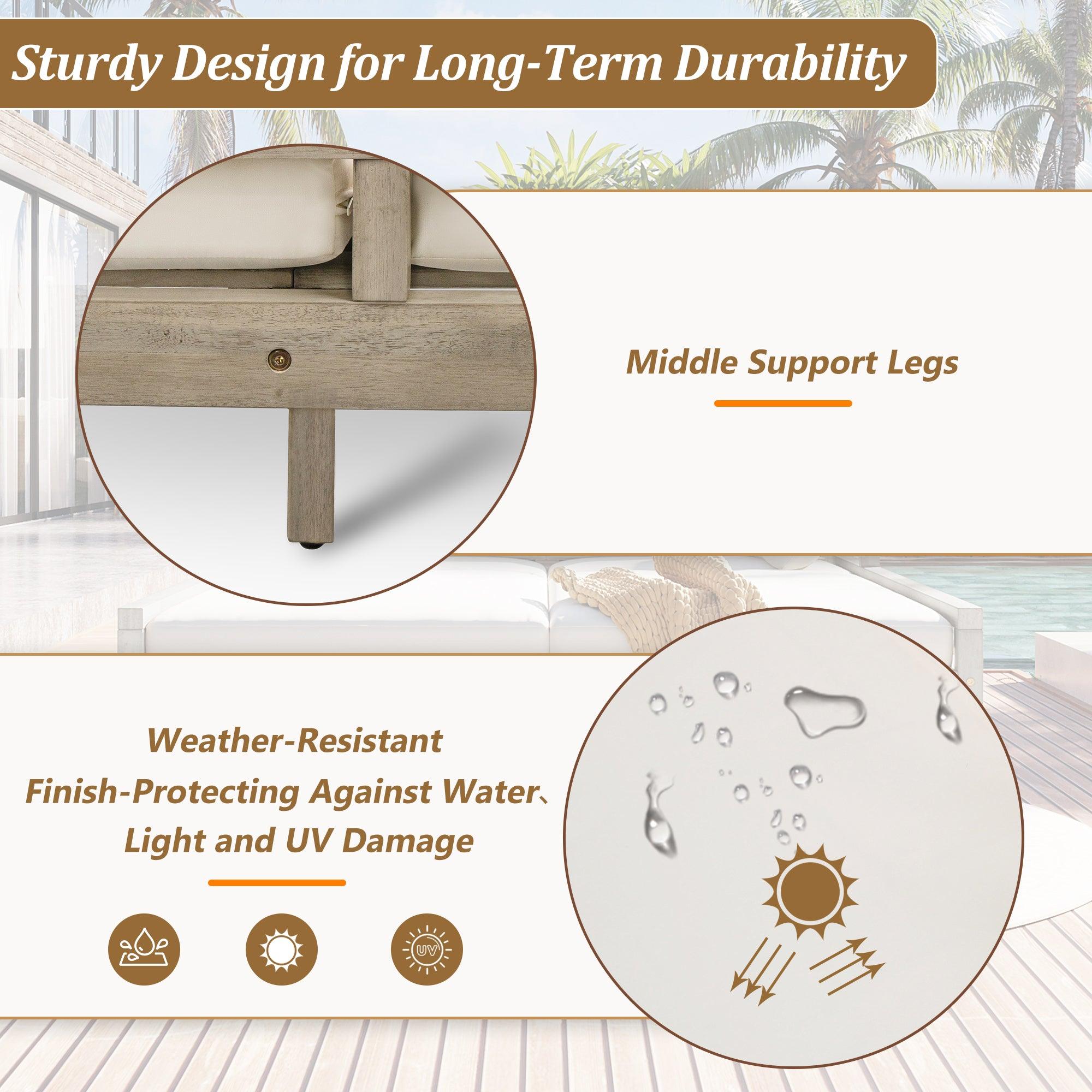 Cama de día para exterior, cama de día para patio con cuatro almohadas, cama de madera para exterior con reposabrazos curvos para piscina, patio y jardín.