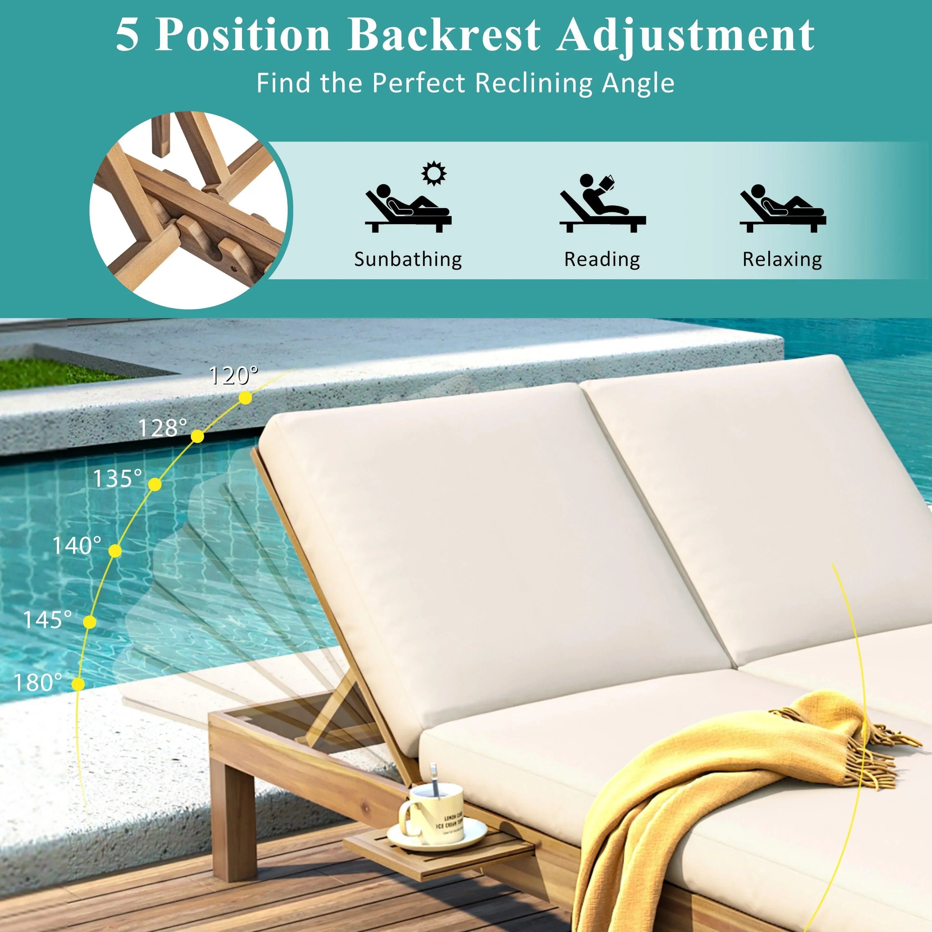 Chaise longue de exterior con respaldo ajustable en 5 posiciones, cojín y bandejas laterales plegables para 2 personas, ideal para jardín junto a la piscina.