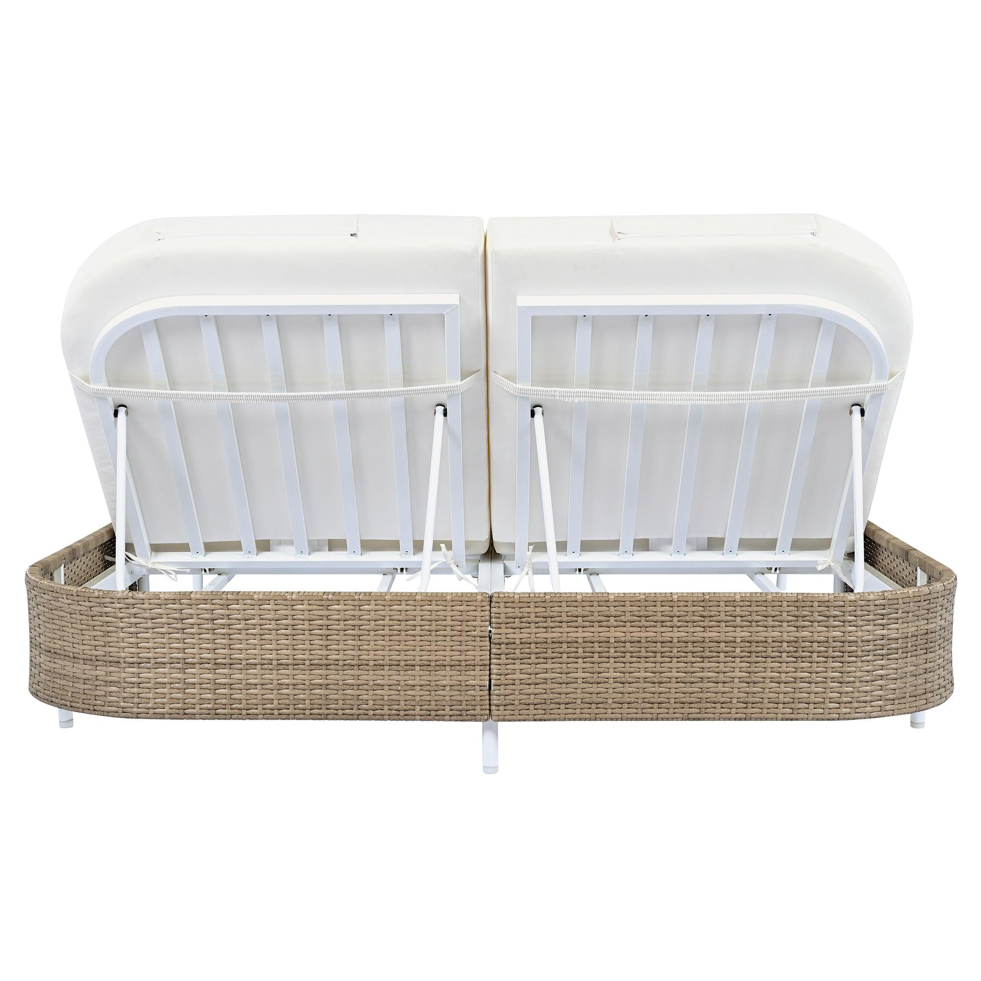 Tumbona de exterior de ratán con respaldo ajustable en 5 posiciones y cojines y almohadas extraíbles para jardín, patio y piscina.