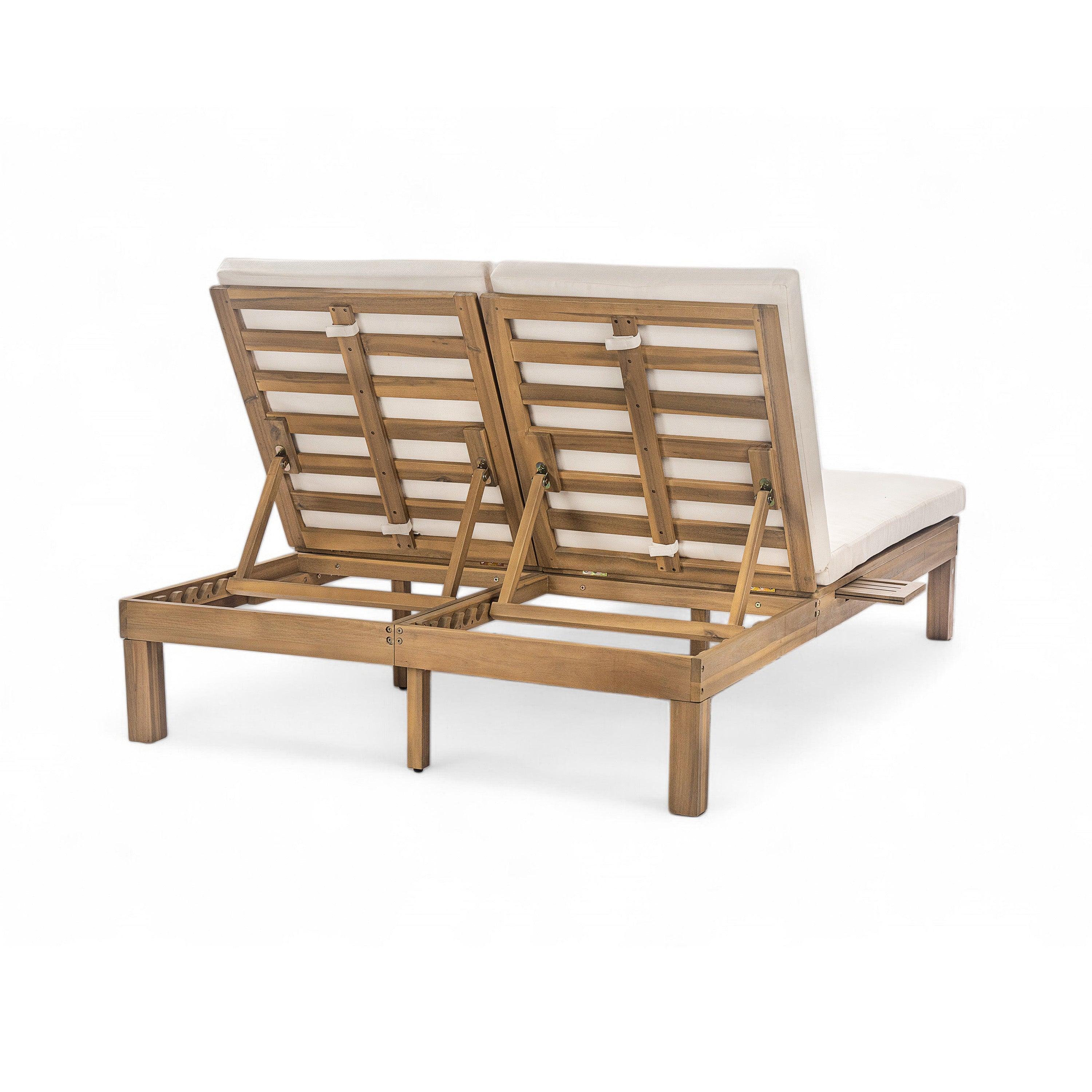 Chaise longue de exterior con respaldo ajustable en 5 posiciones, cojín y bandejas laterales plegables para 2 personas, ideal para jardín junto a la piscina.