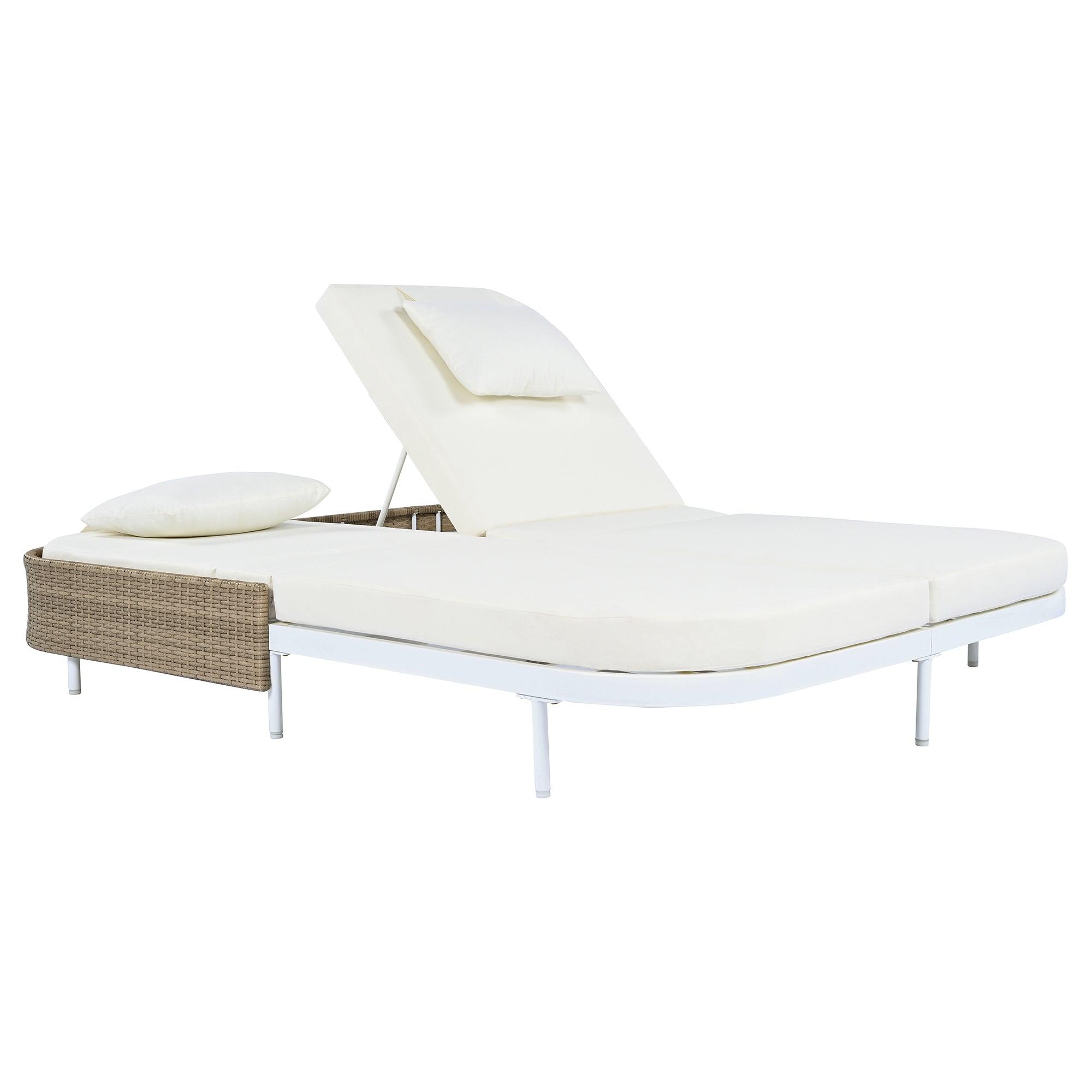 Tumbona de exterior de ratán con respaldo ajustable en 5 posiciones y cojines y almohadas extraíbles para jardín, patio y piscina.
