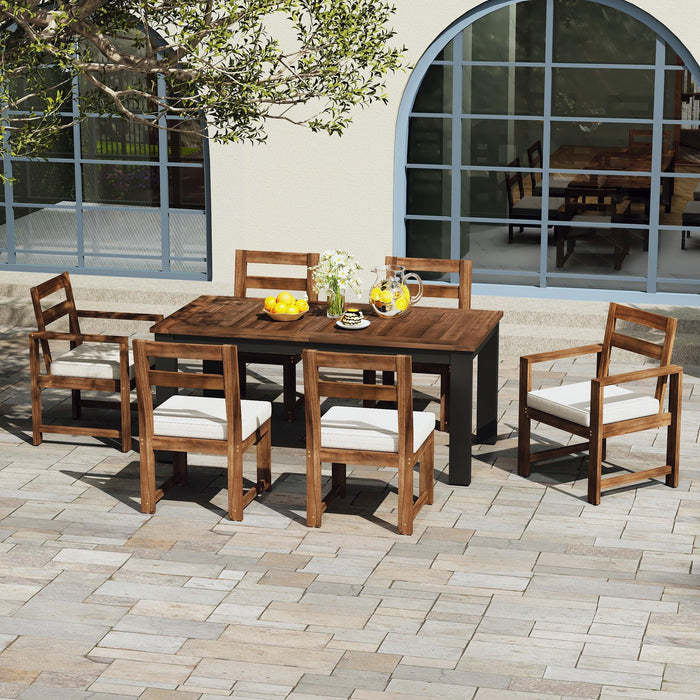 7-Piece Outdoor Patio Table and Chairs Set, Wood Dining Table Set for 6 with Umbrella Hole, 2 Armchairs & 4 Side Chairs for Garden, Backyard, Poolside