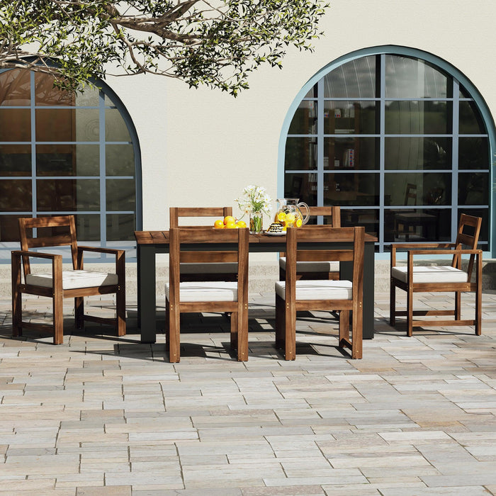 7-Piece Outdoor Patio Table and Chairs Set, Wood Dining Table Set for 6 with Umbrella Hole, 2 Armchairs & 4 Side Chairs for Garden, Backyard, Poolside