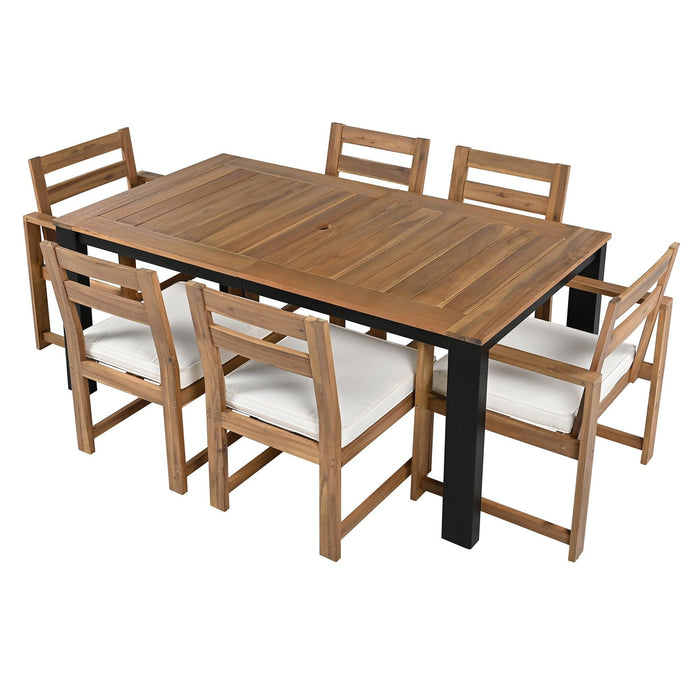 7-Piece Outdoor Patio Table and Chairs Set, Wood Dining Table Set for 6 with Umbrella Hole, 2 Armchairs & 4 Side Chairs for Garden, Backyard, Poolside