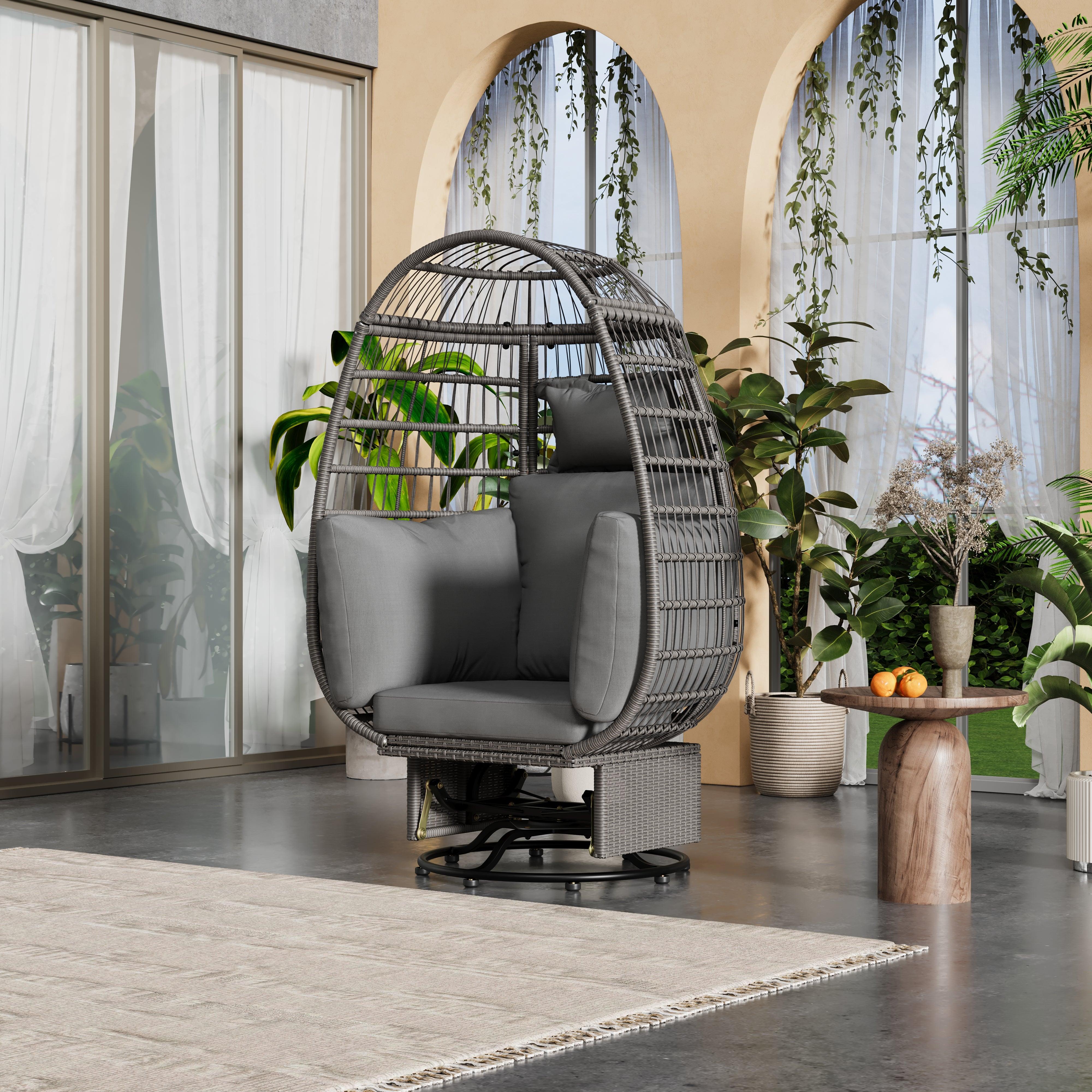 Silla giratoria de exterior con cojines, silla de ratán con forma de huevo y función de balanceo para balcón, piscina y jardín.