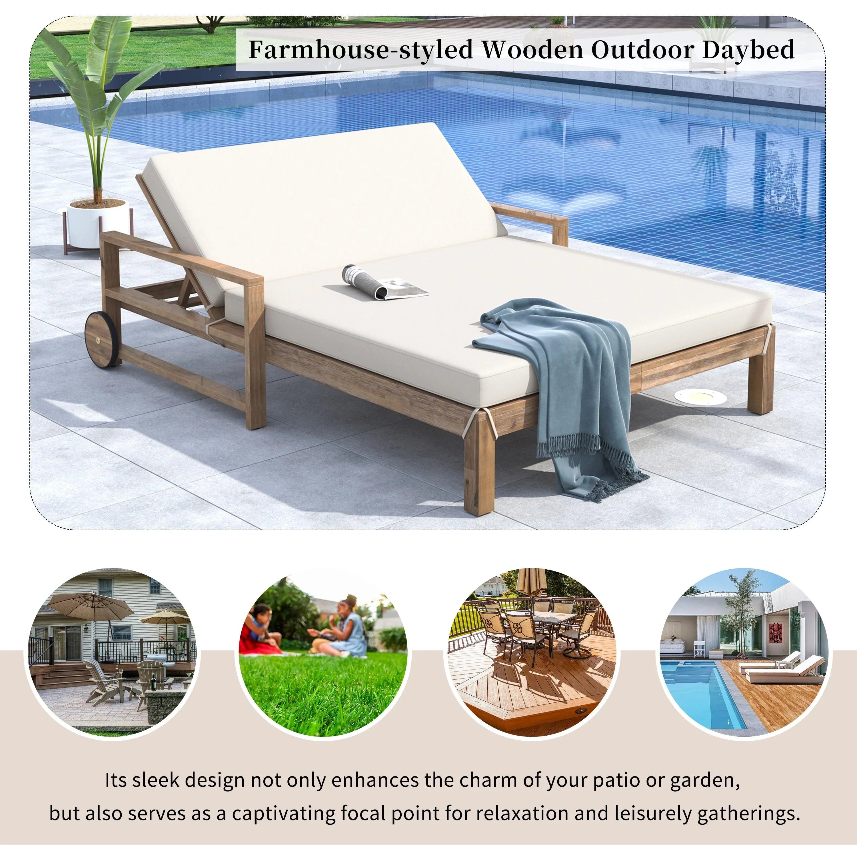 Tumbona de madera estilo granja de una sola pieza para una relajación total, ideal para la piscina, el jardín y el patio.