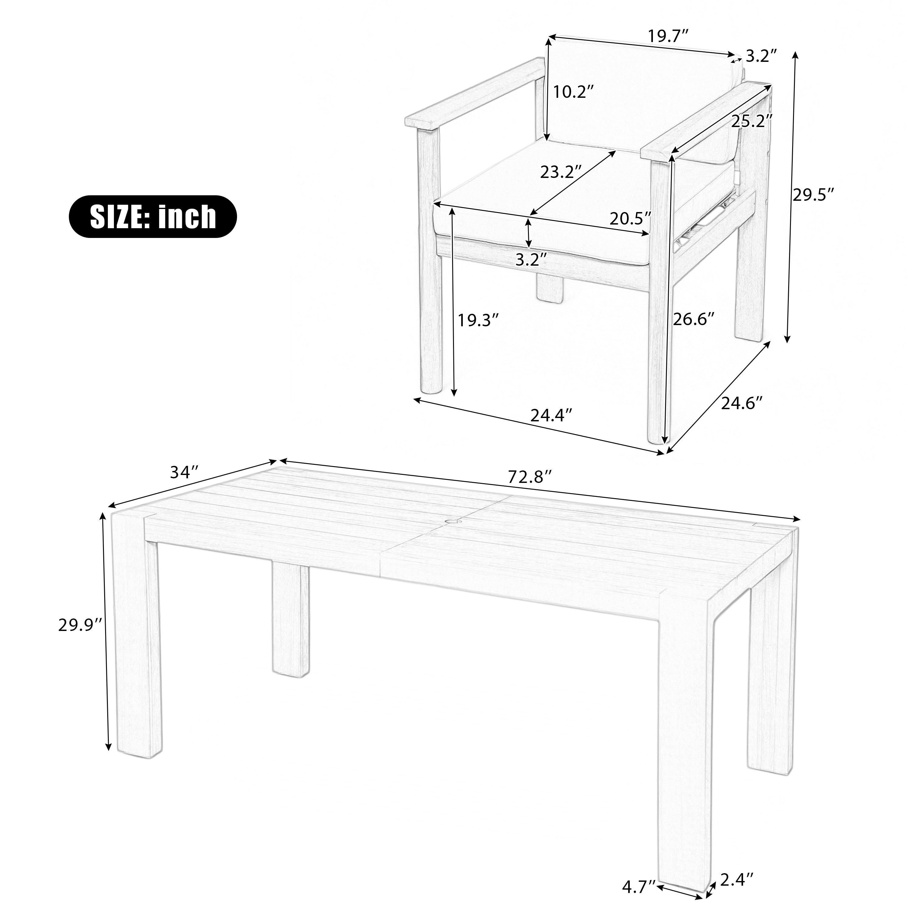 Juego de mesa y sillas de patio para exteriores de 7 piezas para 6 personas, con mesa rectangular de 183 cm y cojines extraíbles para patio, jardín y piscina.