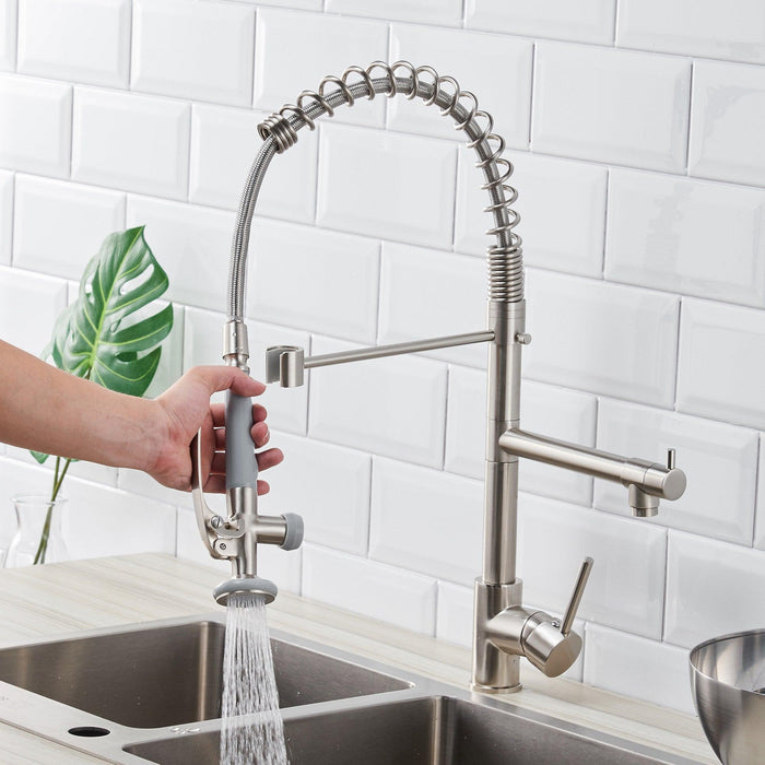 Double-Handle Deck Mounted Pull-Down Sprayer Kitchen Faucet in Brush Nickel - ParrotUncle