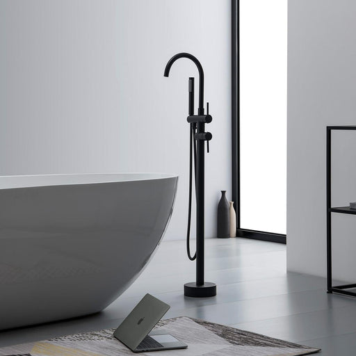 Double-Handle Freestanding Floor Mount Roman Tub Faucet Bathtub Filler with Hand Shower in Matte Black - ParrotUncle
