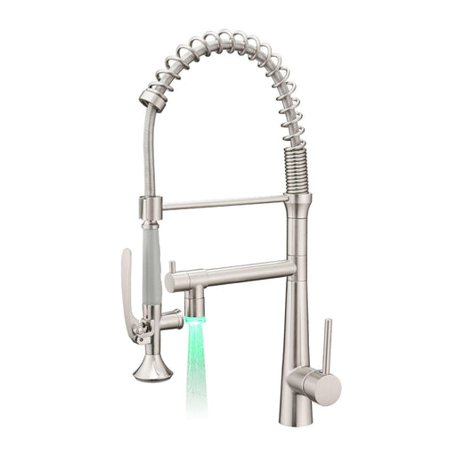 Double Handle LED Kitchen Sink Faucet with Pull Down Sprayer Modern Commercial Spring Brass Taps in Brushed Nickel - ParrotUncle