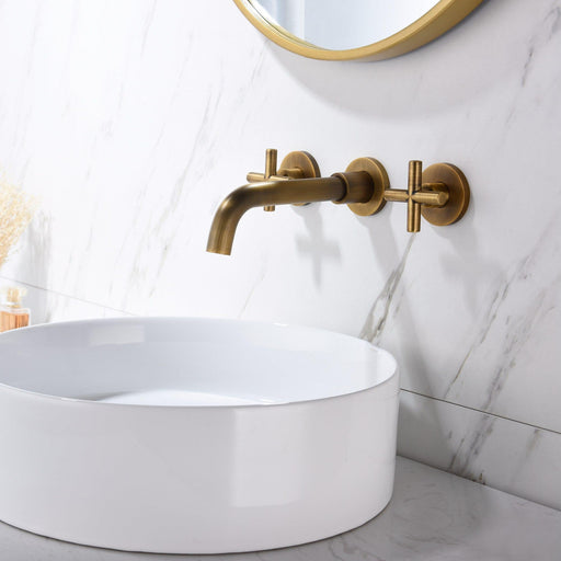 Double Handle Wall Mounted Bathroom Faucet,Brushed Gold - ParrotUncle
