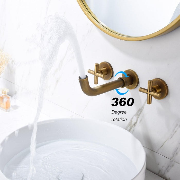 Double Handle Wall Mounted Bathroom Faucet,Brushed Gold - ParrotUncle