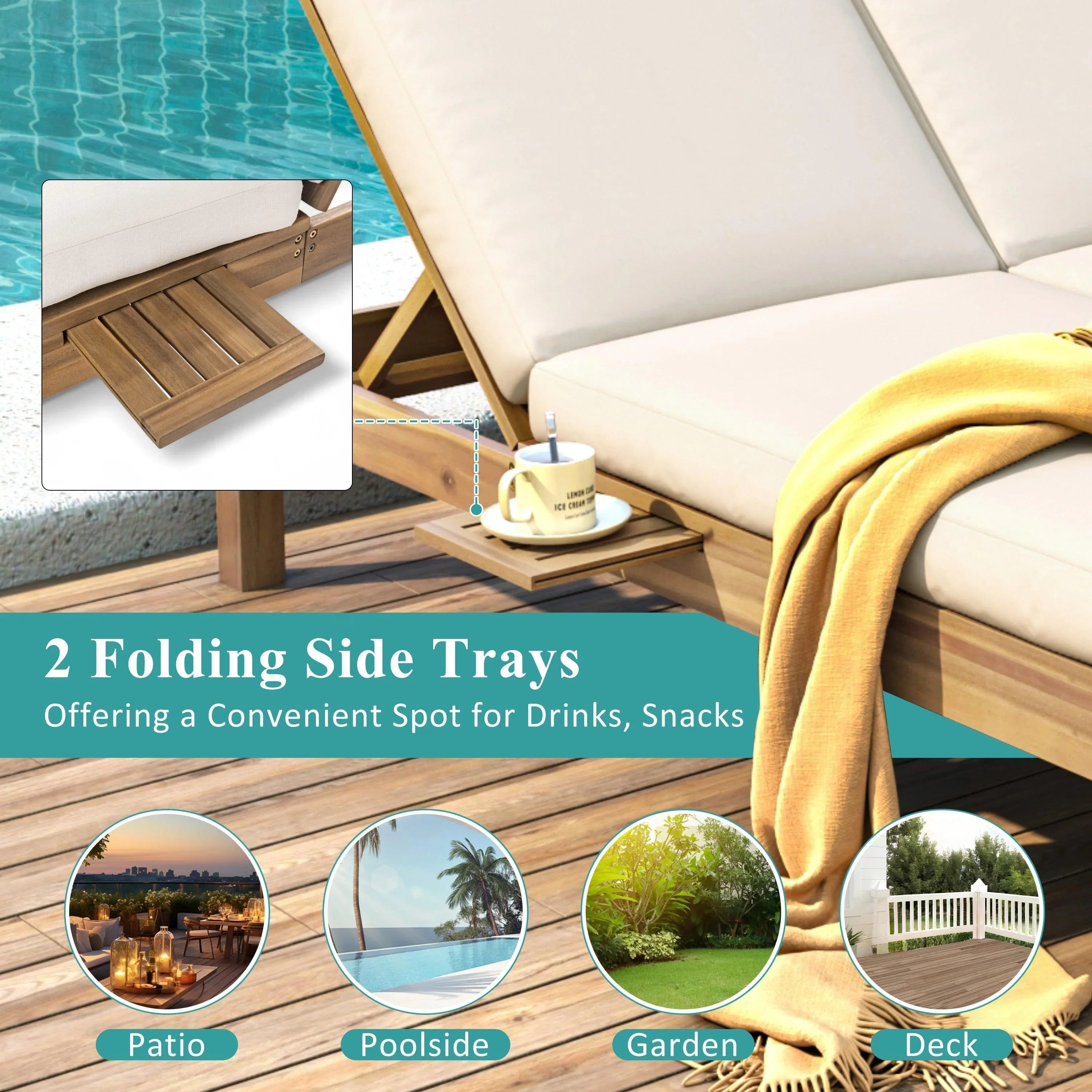 Chaise longue de exterior con respaldo ajustable en 5 posiciones, cojín y bandejas laterales plegables para 2 personas, ideal para jardín junto a la piscina.