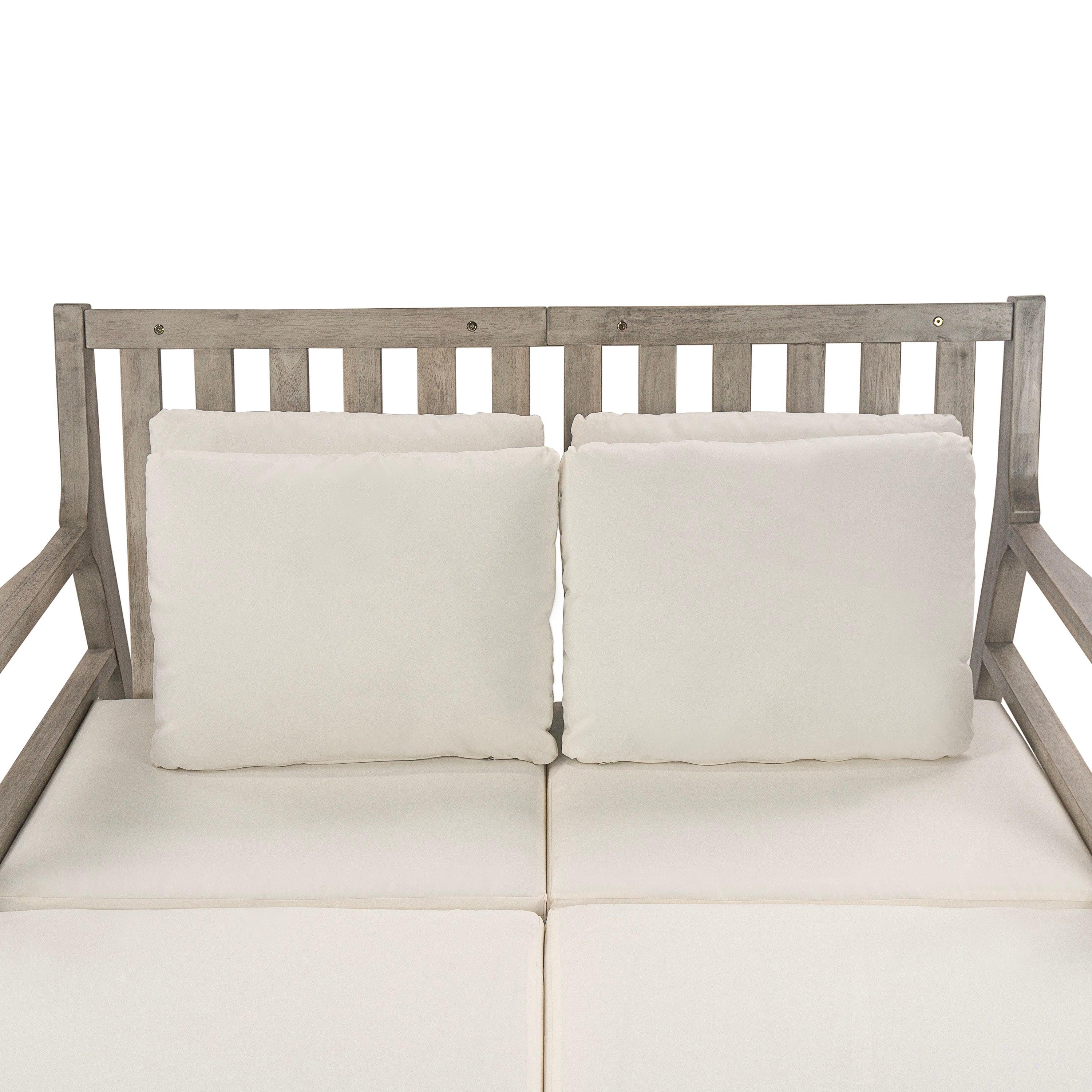 Cama de día para exterior, cama de día para patio con cuatro almohadas, cama de madera para exterior con reposabrazos curvos para piscina, patio y jardín.