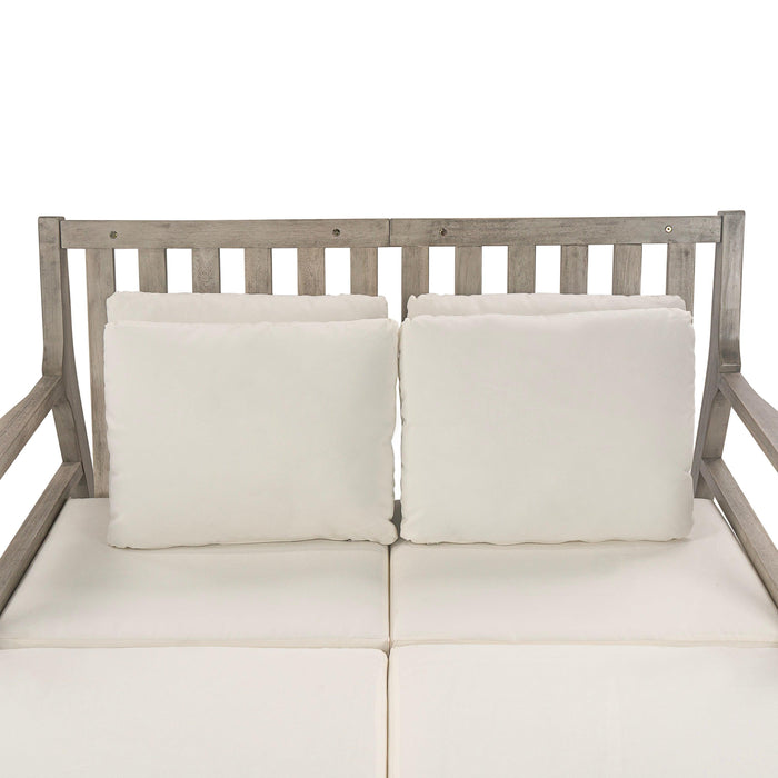 Cama de día para exterior, cama de día para patio con cuatro almohadas, cama de madera para exterior con reposabrazos curvos para piscina, patio y jardín.