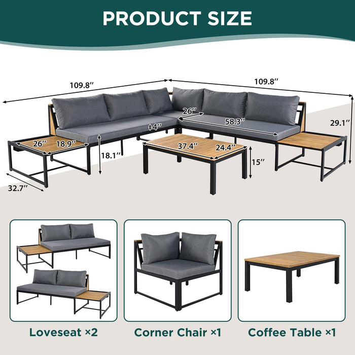 Juego de muebles de patio con sofás de dos plazas, 4 piezas de sofás de exterior con cojines impermeables, diseño duradero de hierro y madera para jardín, patio y piscina.