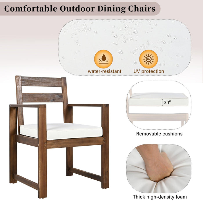 7-Piece Outdoor Patio Table and Chairs Set, Wood Dining Table Set for 6 with Umbrella Hole, 2 Armchairs & 4 Side Chairs for Garden, Backyard, Poolside