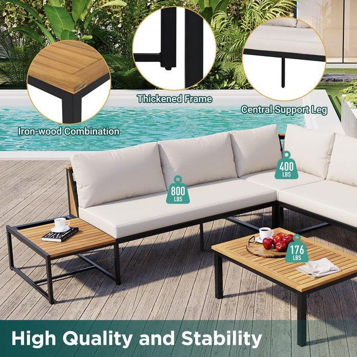 Juego de muebles de patio con sofás de dos plazas, 4 piezas de sofás de exterior con cojines impermeables, diseño duradero de hierro y madera para jardín, patio y piscina.