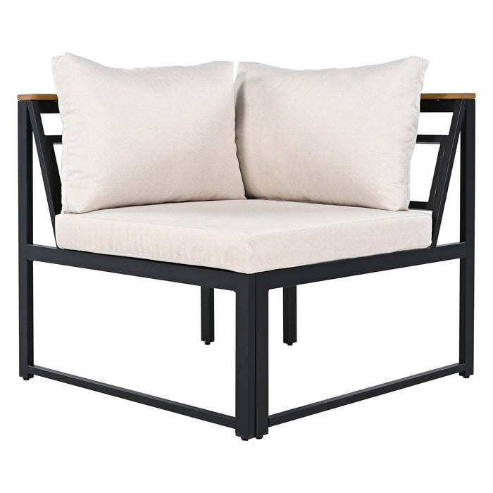 Juego de muebles de patio con sofás de dos plazas, 4 piezas de sofás de exterior con cojines impermeables, diseño duradero de hierro y madera para jardín, patio y piscina.