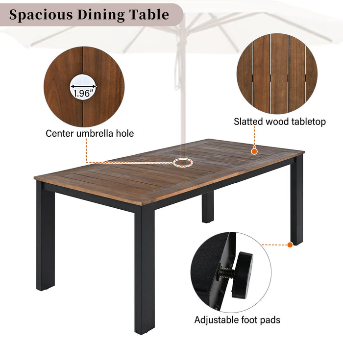 7-Piece Outdoor Patio Table and Chairs Set, Wood Dining Table Set for 6 with Umbrella Hole, 2 Armchairs & 4 Side Chairs for Garden, Backyard, Poolside
