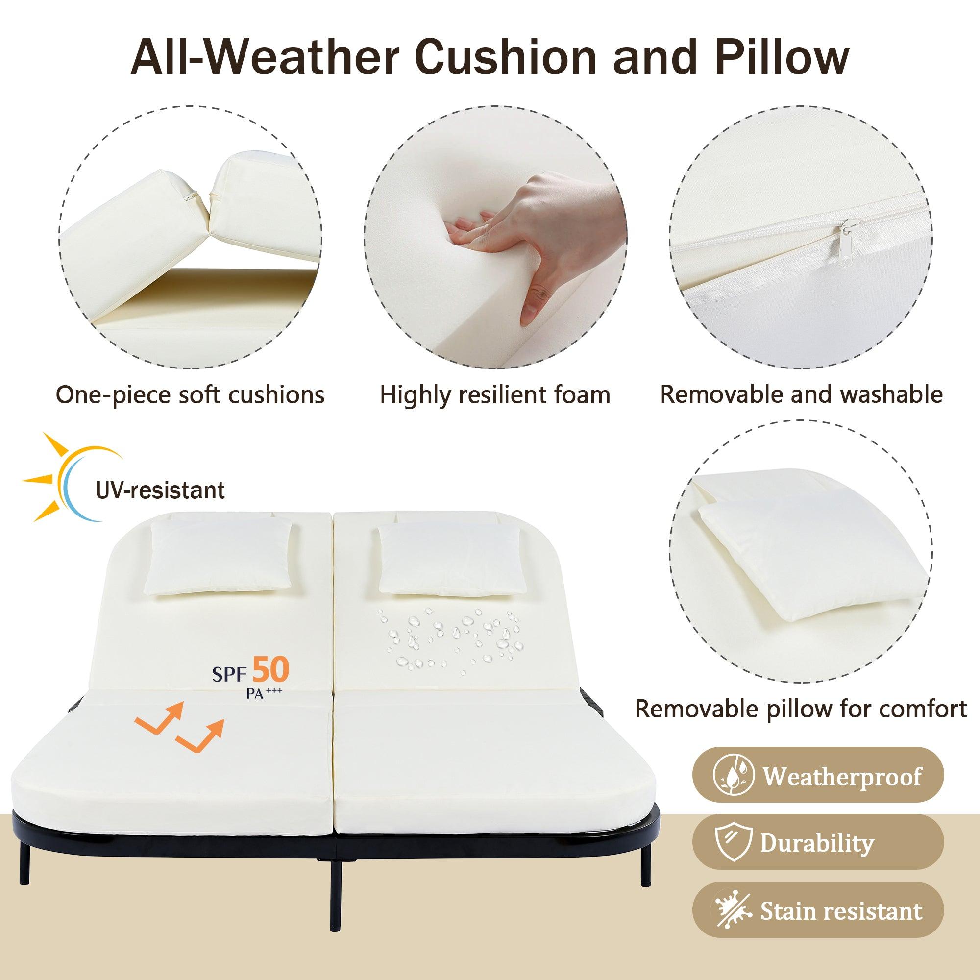 Tumbona de exterior de ratán con respaldo ajustable en 5 posiciones y cojines y almohadas extraíbles para jardín, patio y piscina.