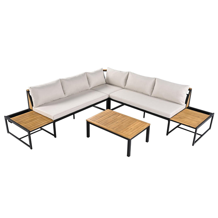 Juego de muebles de patio con sofás de dos plazas, 4 piezas de sofás de exterior con cojines impermeables, diseño duradero de hierro y madera para jardín, patio y piscina.